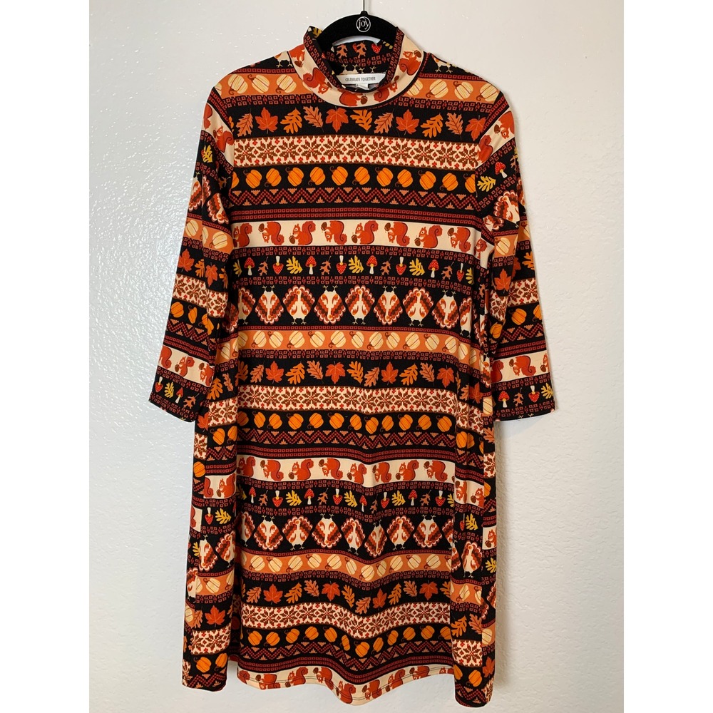 Celebrate Together Dress Women XS Orange Thanksgiving Squirrel Turkey Fall Print
